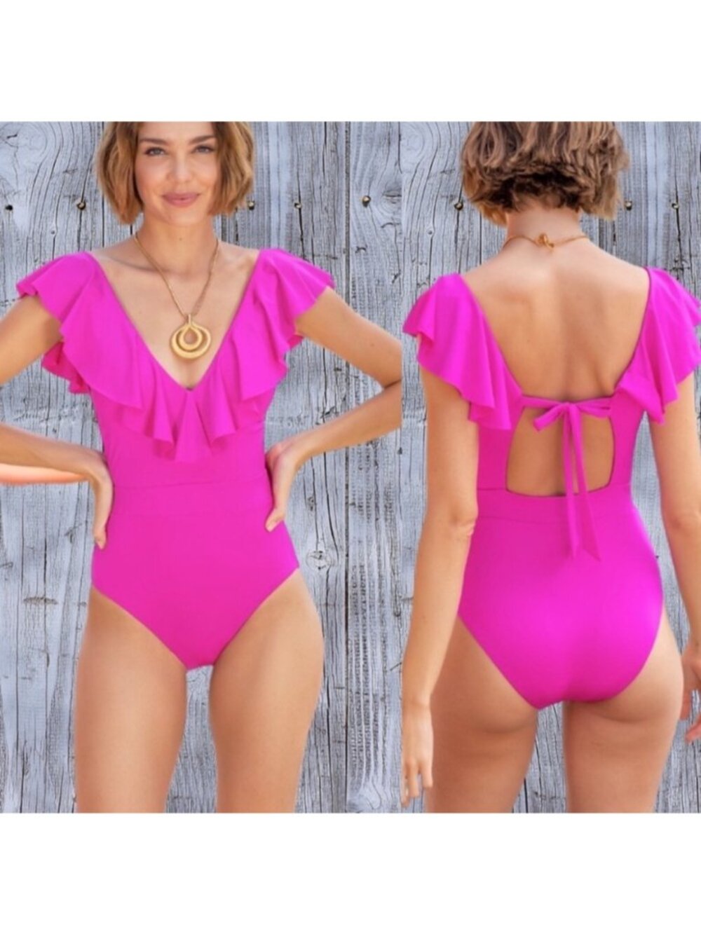 NEW Trina Turk Atlas Ruffle Plunge One-Piece Open-Back Swimsuit Vacation Beach